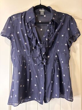 Ann Taylor Navy & White Polka Dot Ruffle-Front Silk Blouse